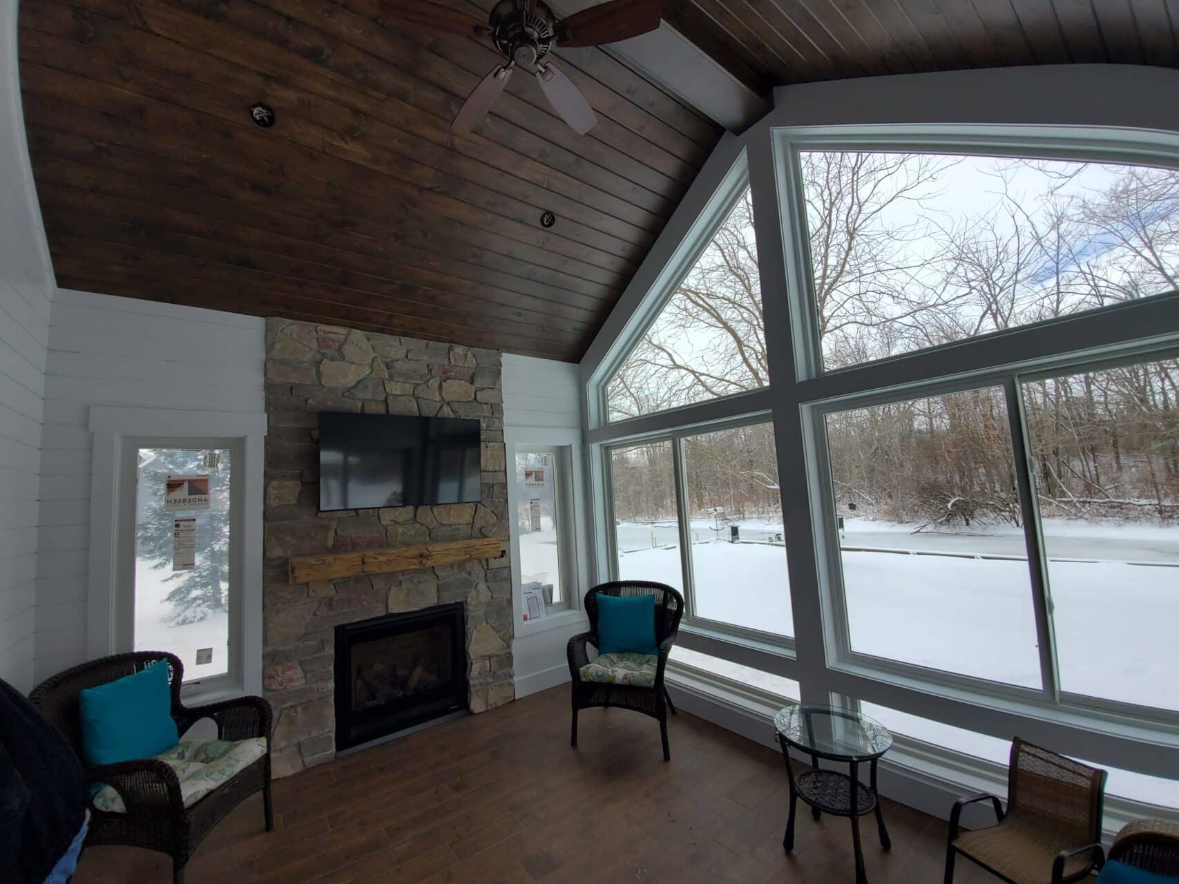 Sunroom full view Windows with Fireplace